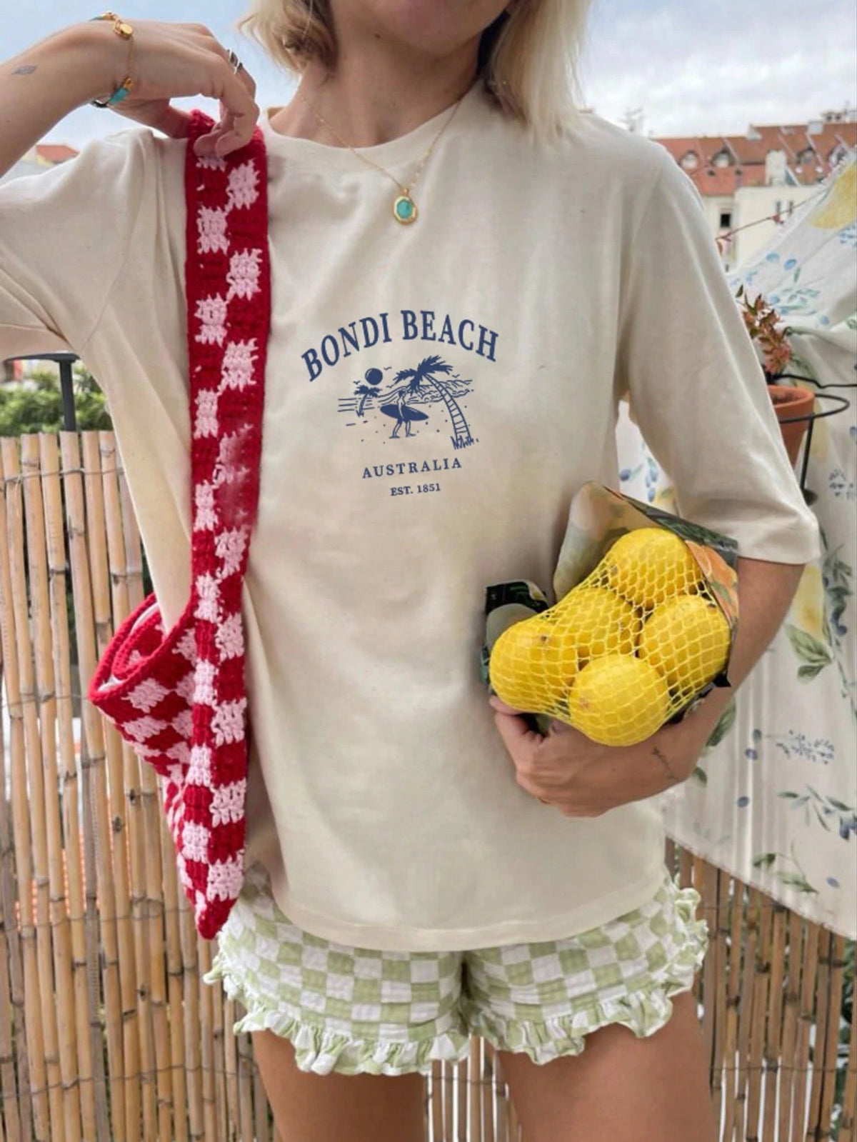Women's Summer Bondi Beach Print Casual Simple Loose Everyday Street Style Short-Sleeve T-Shirt Top, Women's Summer Casual Street Style Top, Beach Top