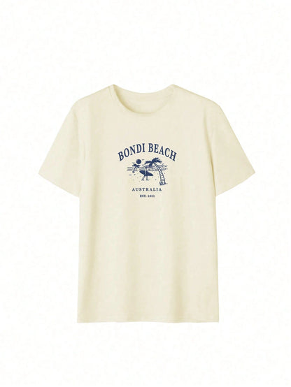 Women's Summer Bondi Beach Print Casual Simple Loose Everyday Street Style Short-Sleeve T-Shirt Top, Women's Summer Casual Street Style Top, Beach Top