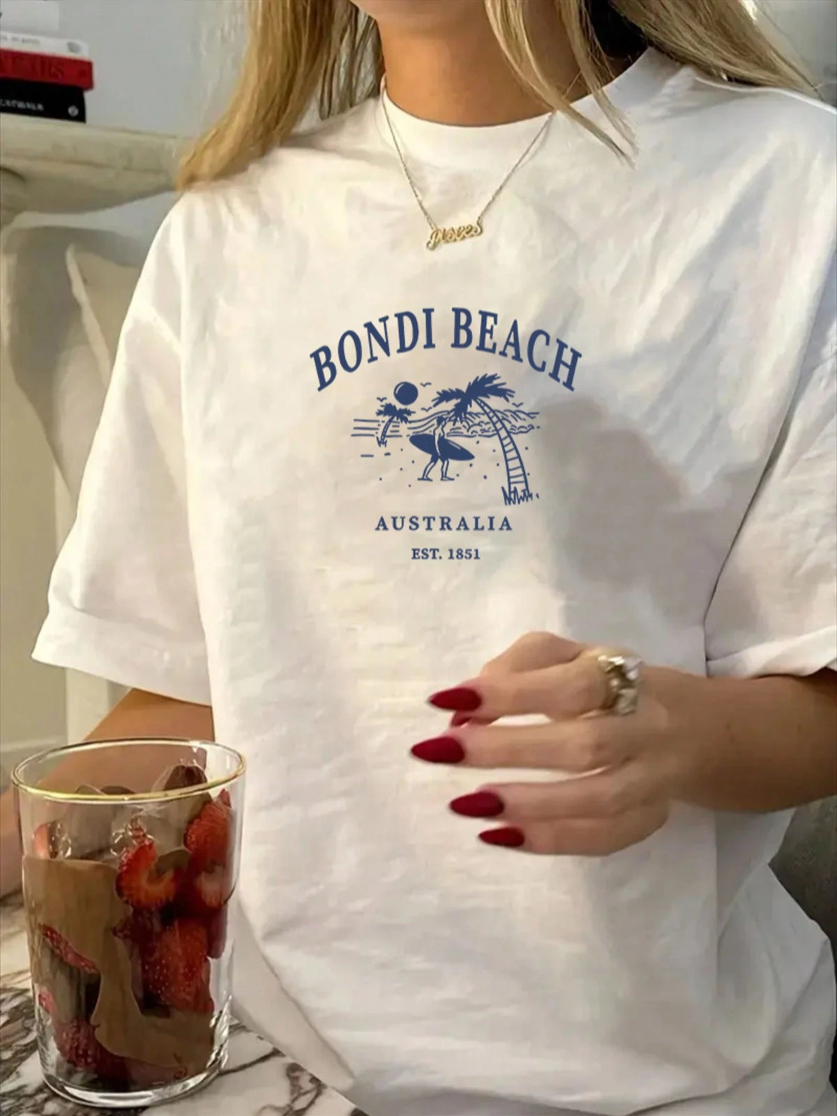 Women's Summer Bondi Beach Print Casual Simple Loose Everyday Street Style Short-Sleeve T-Shirt Top, Women's Summer Casual Street Style Top, Beach Top