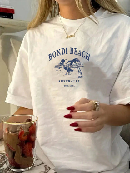 Women's Summer Bondi Beach Print Casual Simple Loose Everyday Street Style Short-Sleeve T-Shirt Top, Women's Summer Casual Street Style Top, Beach Top