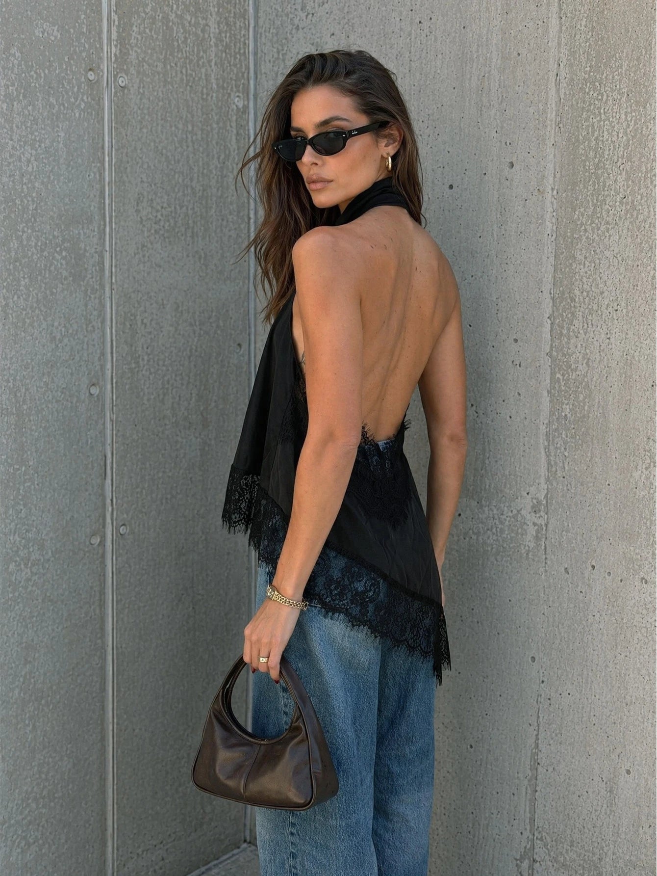 Women's Summer Casual Black Halter Neck Backless Contrast Color Lace Asymmetrical Hem Blouse, Suitable For Party, Vacation, Outing