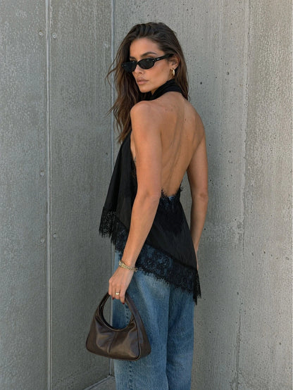 Women's Summer Casual Black Halter Neck Backless Contrast Color Lace Asymmetrical Hem Blouse, Suitable For Party, Vacation, Outing