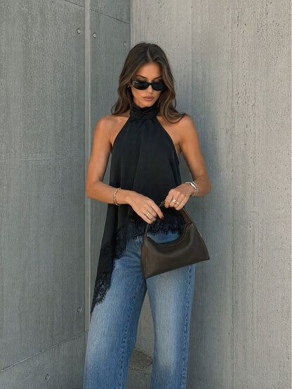 Women's Summer Casual Black Halter Neck Backless Contrast Color Lace Asymmetrical Hem Blouse, Suitable For Party, Vacation, Outing