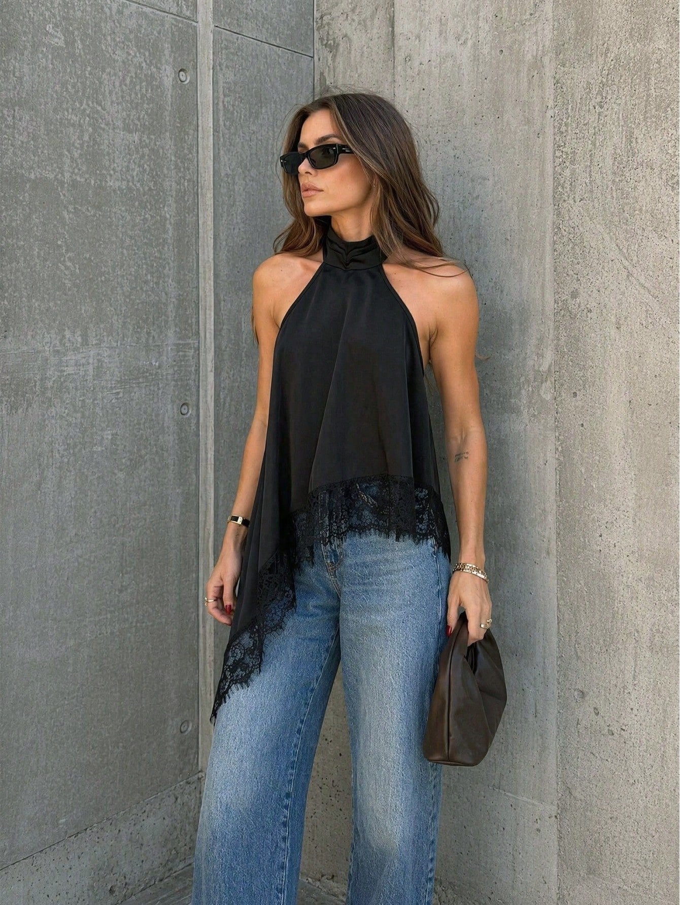 Women's Summer Casual Black Halter Neck Backless Contrast Color Lace Asymmetrical Hem Blouse, Suitable For Party, Vacation, Outing