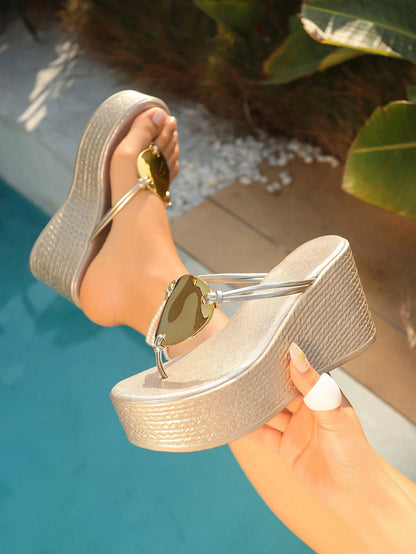 Women's Summer Gold Metal Buckle Wedge Flip Flops, 8.5cm Thick Sole Height-Increasing Beach Casual Sandals