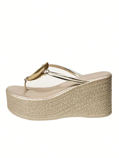 Women's Summer Gold Metal Buckle Wedge Flip Flops, 8.5cm Thick Sole Height-Increasing Beach Casual Sandals