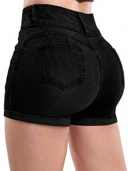 Women's Summer High-Waisted Denim Shorts- High Elasticity, Slim Fit. Ideal Choice For Festive Occasions- Fashionable Multipurpose. Suitable For Dates, Commuting To Work, And Stylish Casual Looks- Y