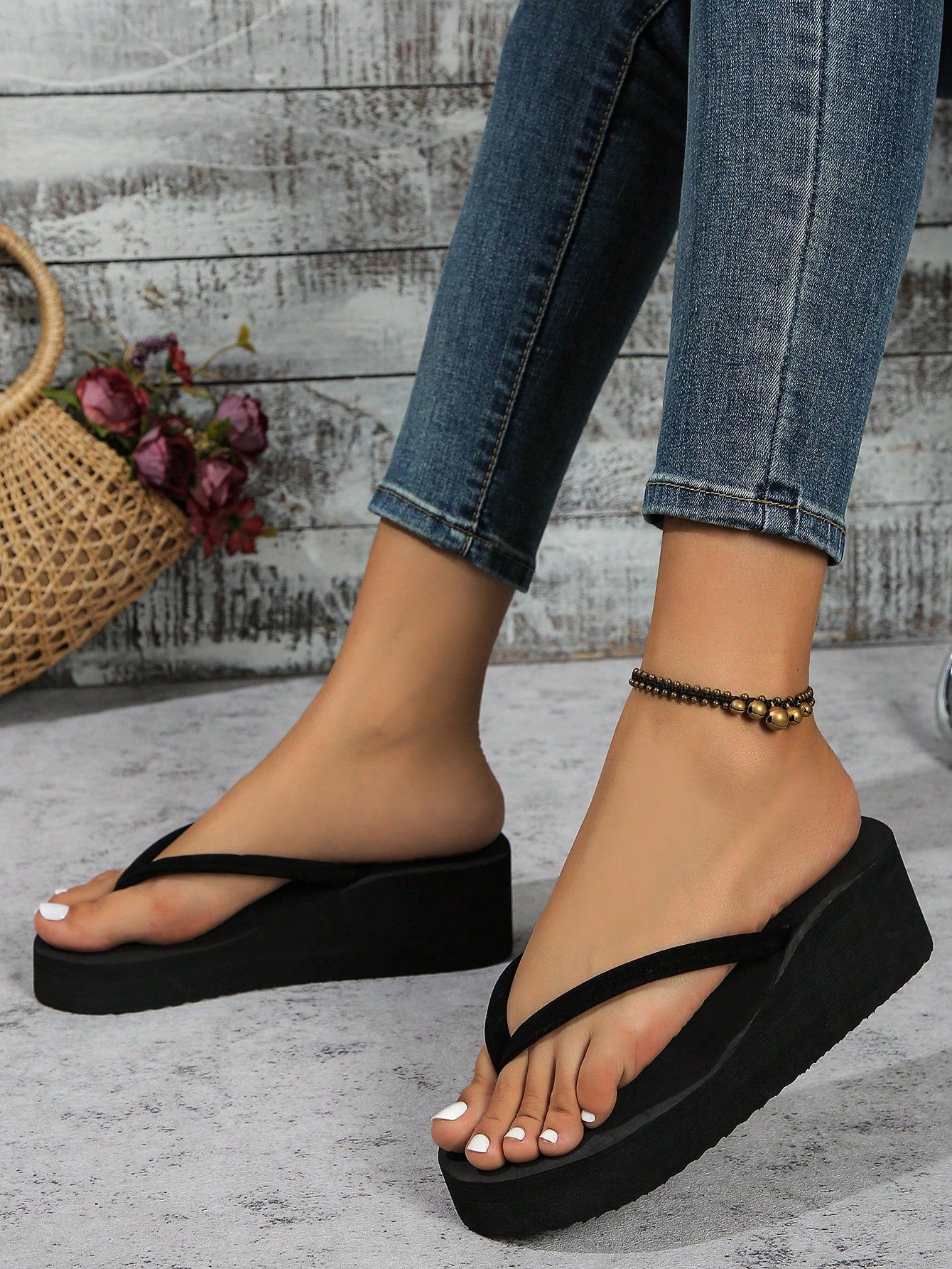 Women's Summer Thick Heel Platform Wedge High Heel Flip-Flops, Beach Slipper With Slip-Resistant Sole, For Outdoor Beach Wedding