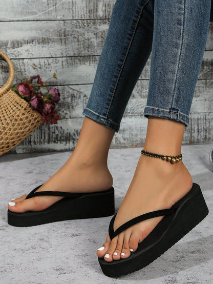 Women's Summer Thick Heel Platform Wedge High Heel Flip-Flops, Beach Slipper With Slip-Resistant Sole, For Outdoor Beach Wedding