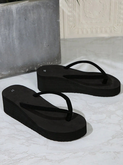 Women's Summer Thick Heel Platform Wedge High Heel Flip-Flops, Beach Slipper With Slip-Resistant Sole, For Outdoor Beach Wedding