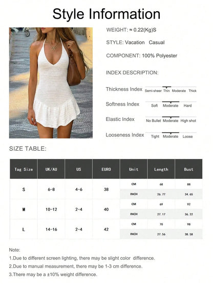 Women's Summer Vacation Bohemian Style Fashion Camisole Backless Fitted Solid Color Ruffle Design Sexy Crochet Cover-Up Dress White Beach