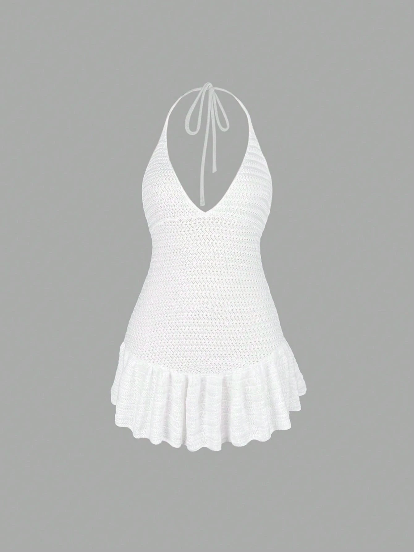 Women's Summer Vacation Bohemian Style Fashion Camisole Backless Fitted Solid Color Ruffle Design Sexy Crochet Cover-Up Dress White Beach