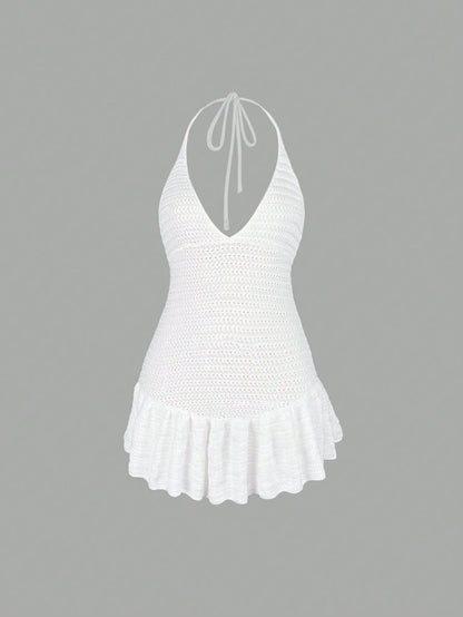 Women's Summer Vacation Bohemian Style Fashion Camisole Backless Fitted Solid Color Ruffle Design Sexy Crochet Cover-Up Dress White Beach