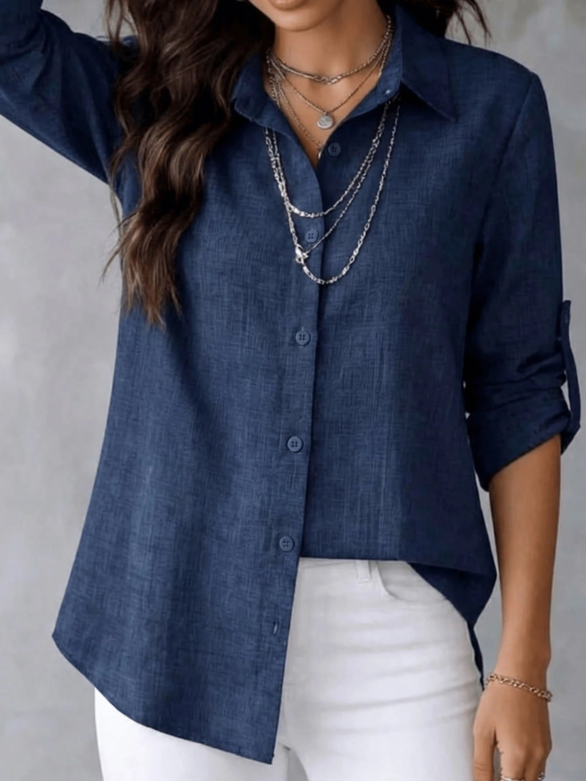 Women's Textured Shirt, Collared, Button Front, Roll-Up Long Sleeves And Curved High-Low Hem, Casual Office Wear Regular Fit Blouse, Fashionable Women's Long Sleeve Shirt, Asymmetric Hem, Classic Shir