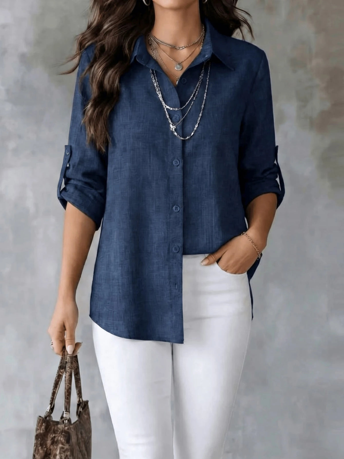 Women's Textured Shirt, Collared, Button Front, Roll-Up Long Sleeves And Curved High-Low Hem, Casual Office Wear Regular Fit Blouse, Fashionable Women's Long Sleeve Shirt, Asymmetric Hem, Classic Shir