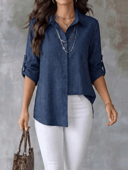 Women's Textured Shirt, Collared, Button Front, Roll-Up Long Sleeves And Curved High-Low Hem, Casual Office Wear Regular Fit Blouse, Fashionable Women's Long Sleeve Shirt, Asymmetric Hem, Classic Shir