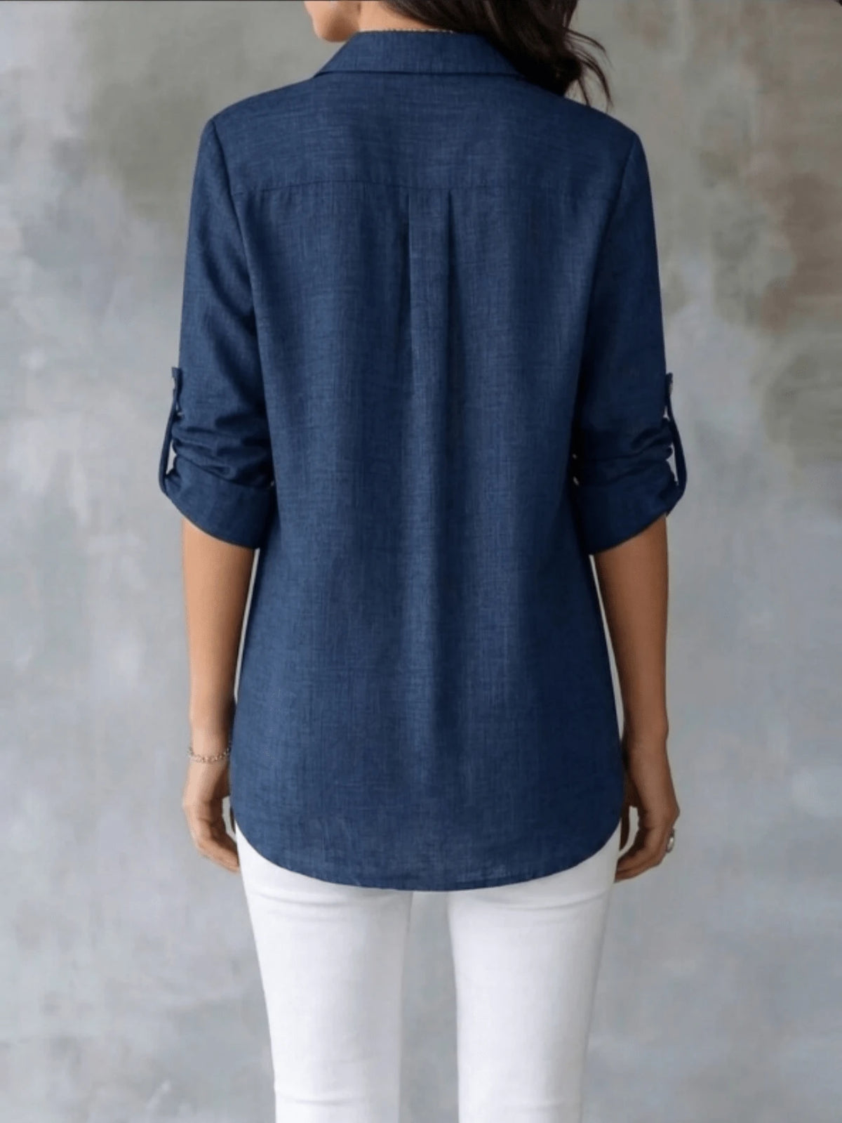Women's Textured Shirt, Collared, Button Front, Roll-Up Long Sleeves And Curved High-Low Hem, Casual Office Wear Regular Fit Blouse, Fashionable Women's Long Sleeve Shirt, Asymmetric Hem, Classic Shir