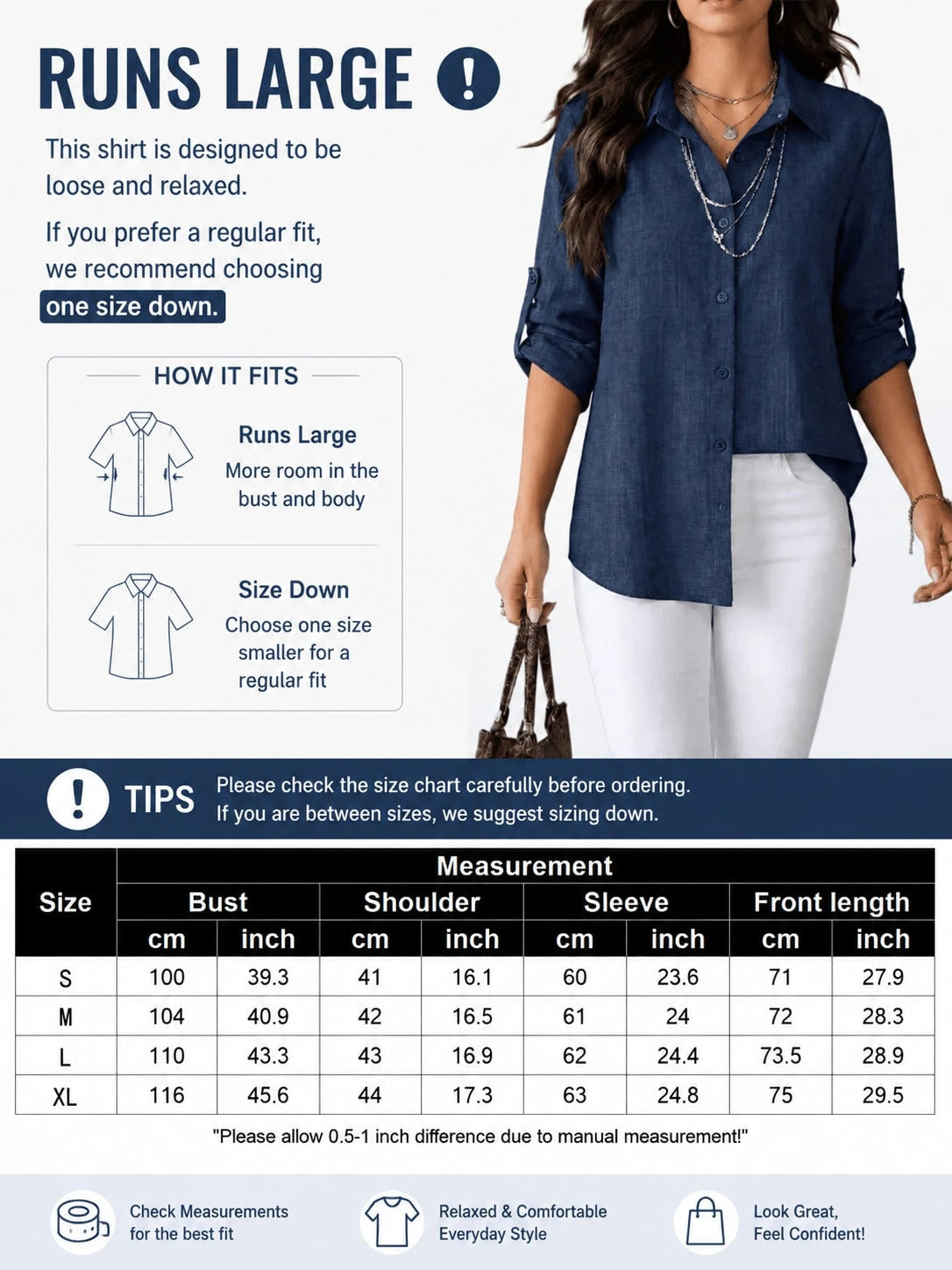 Women's Textured Shirt, Collared, Button Front, Roll-Up Long Sleeves And Curved High-Low Hem, Casual Office Wear Regular Fit Blouse, Fashionable Women's Long Sleeve Shirt, Asymmetric Hem, Classic Shir