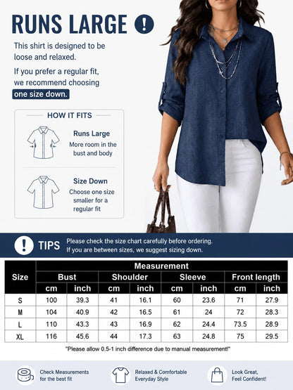 Women's Textured Shirt, Collared, Button Front, Roll-Up Long Sleeves And Curved High-Low Hem, Casual Office Wear Regular Fit Blouse, Fashionable Women's Long Sleeve Shirt, Asymmetric Hem, Classic Shir