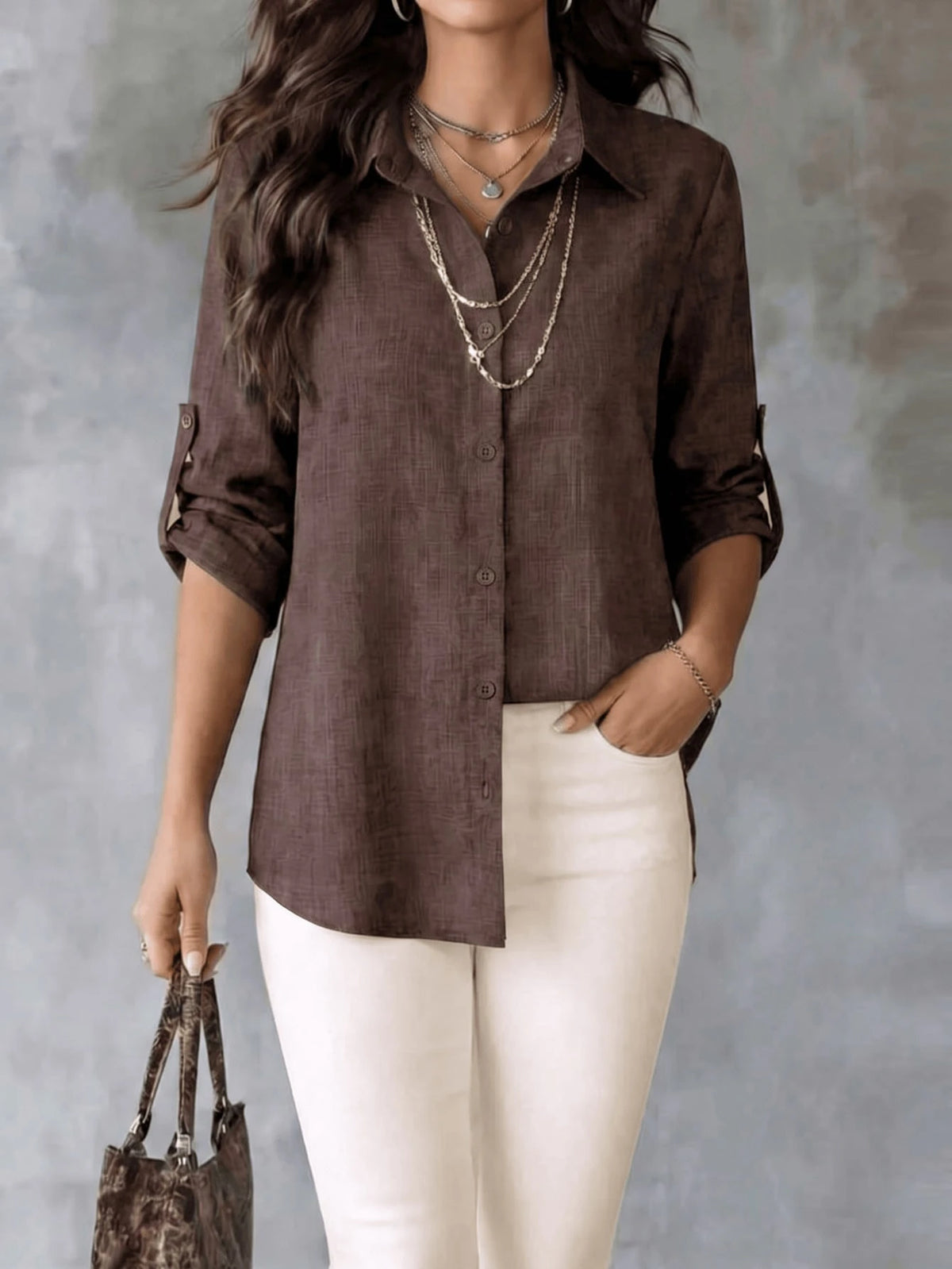 Women's Textured Shirt, Collared, Button Front, Roll-Up Long Sleeves And Curved High-Low Hem, Casual Office Wear Regular Fit Blouse, Fashionable Women's Long Sleeve Shirt, Asymmetric Hem, Classic Shir