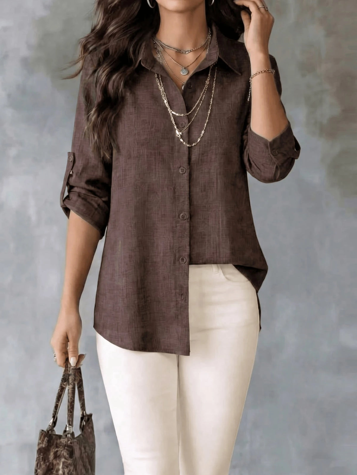 Women's Textured Shirt, Collared, Button Front, Roll-Up Long Sleeves And Curved High-Low Hem, Casual Office Wear Regular Fit Blouse, Fashionable Women's Long Sleeve Shirt, Asymmetric Hem, Classic Shir