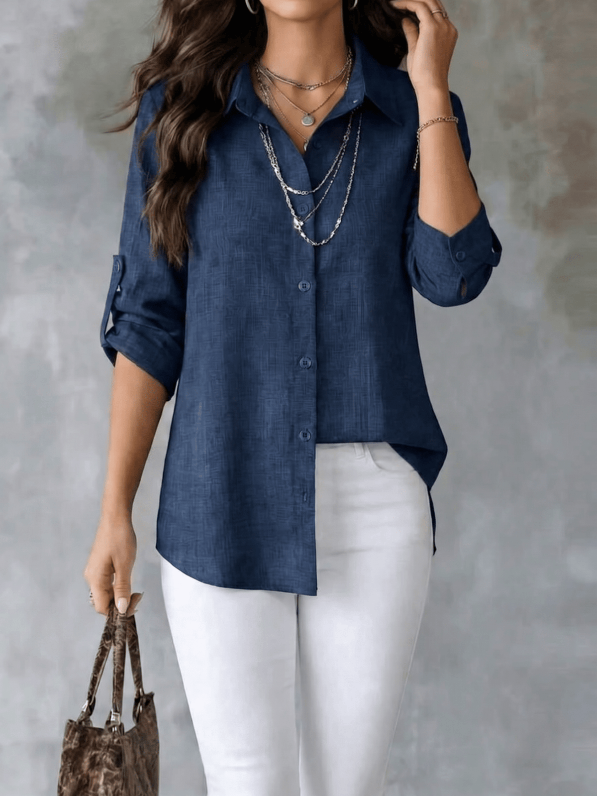 Women's Textured Shirt, Collared, Button Front, Roll-Up Long Sleeves And Curved High-Low Hem, Casual Office Wear Regular Fit Blouse, Fashionable Women's Long Sleeve Shirt, Asymmetric Hem, Classic Shir