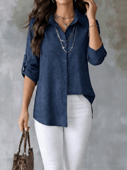 Women's Textured Shirt, Collared, Button Front, Roll-Up Long Sleeves And Curved High-Low Hem, Casual Office Wear Regular Fit Blouse, Fashionable Women's Long Sleeve Shirt, Asymmetric Hem, Classic Shir