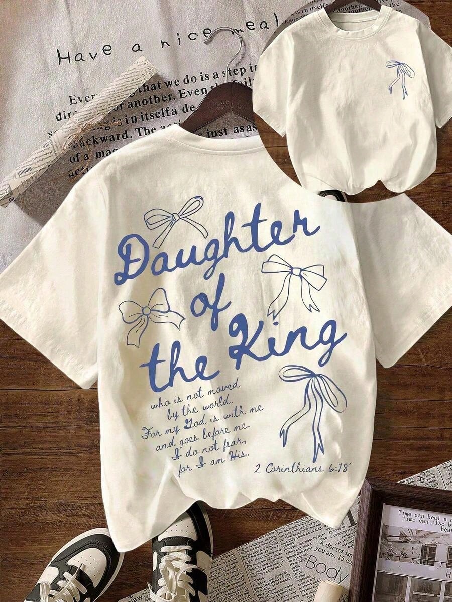 Women's "The King's Daughter" Graphic Cotton T-Shirt, Biblical Aesthetic Faith Based Apparel, Casual Short Sleeve Tee With Printed Text On Back