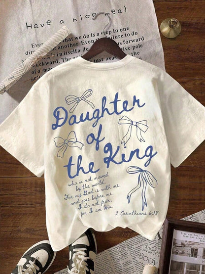 Women's "The King's Daughter" Graphic Cotton T-Shirt, Biblical Aesthetic Faith Based Apparel, Casual Short Sleeve Tee With Printed Text On Back