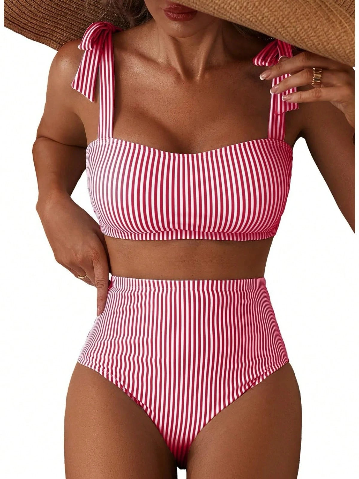 Women's Tie Shoulder Bikini Sets 2 Piece Striped Swimsuits High Waisted Bathing Suits,Bow Tie Shoulder Straps,Beach Vacation Bathing Suit,SummerBikini