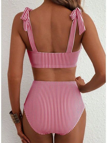 Women's Tie Shoulder Bikini Sets 2 Piece Striped Swimsuits High Waisted Bathing Suits,Bow Tie Shoulder Straps,Beach Vacation Bathing Suit,SummerBikini