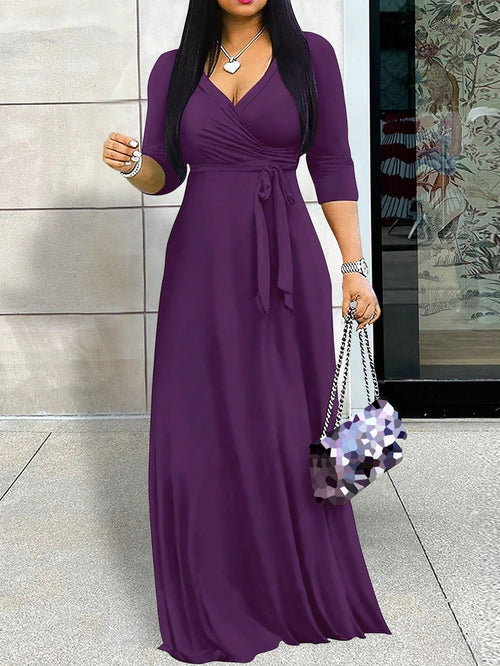 Women's V-Neck Cinched Waist Slim Fit Extra Long Sleeve Dress, Spring/Summer Elegant