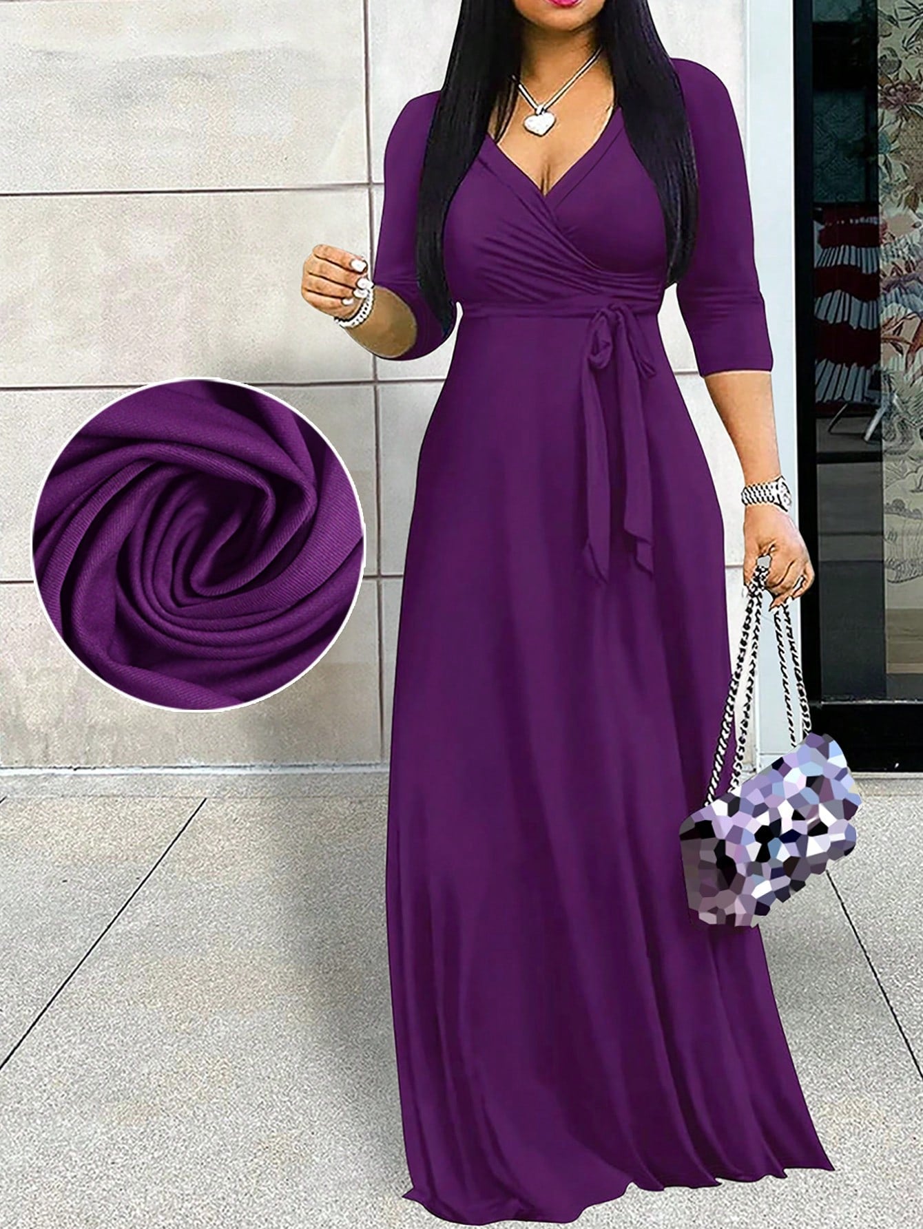 Women's V-Neck Cinched Waist Slim Fit Extra Long Sleeve Dress, Spring/Summer Elegant