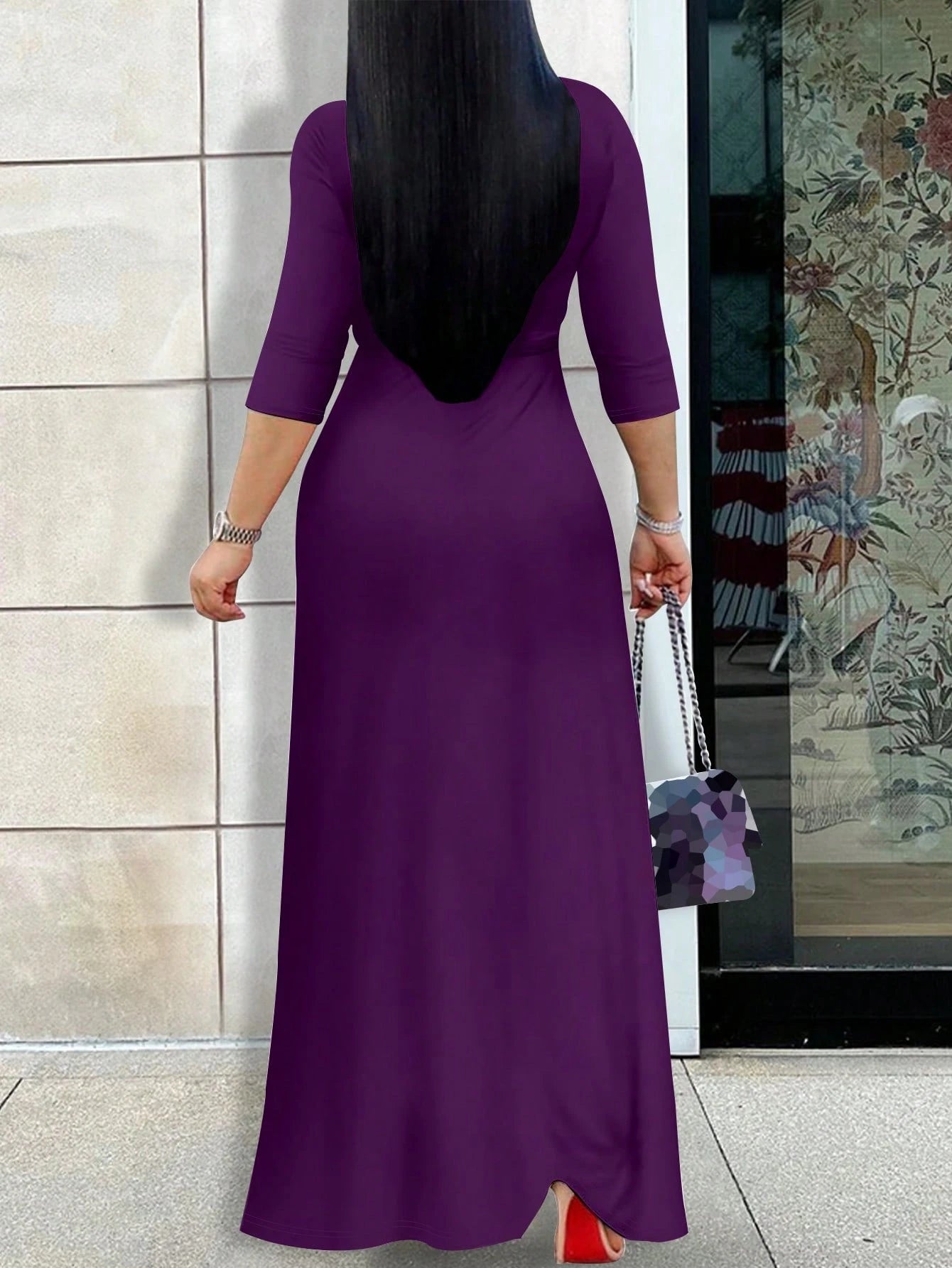 Women's V-Neck Cinched Waist Slim Fit Extra Long Sleeve Dress, Spring/Summer Elegant