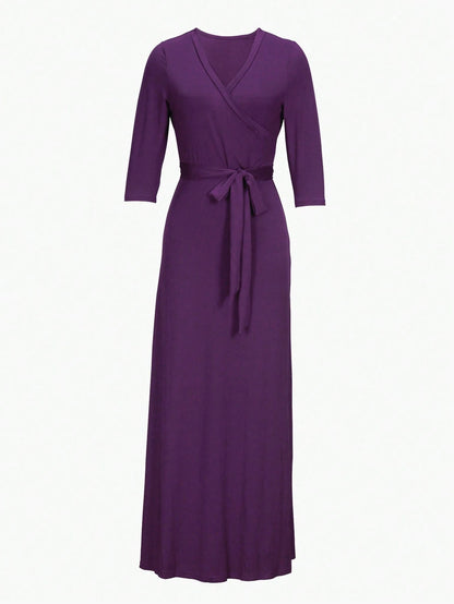Women's V-Neck Cinched Waist Slim Fit Extra Long Sleeve Dress, Spring/Summer Elegant