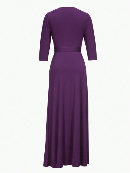Women's V-Neck Cinched Waist Slim Fit Extra Long Sleeve Dress, Spring/Summer Elegant