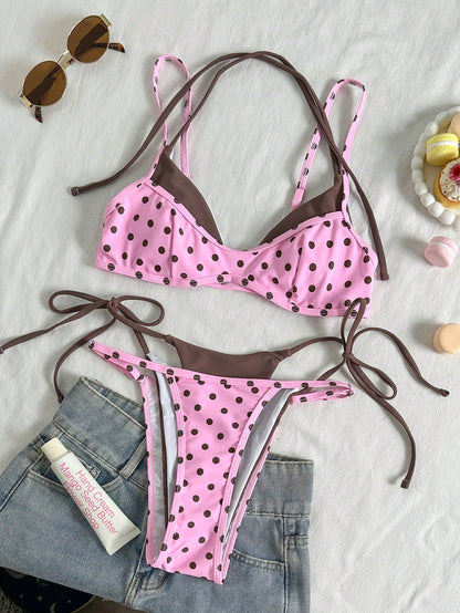 Women's Vintage Pink & Brown Polka Dot Bikini Swimwear, Casual Fashion Set Beach Vacation Summer