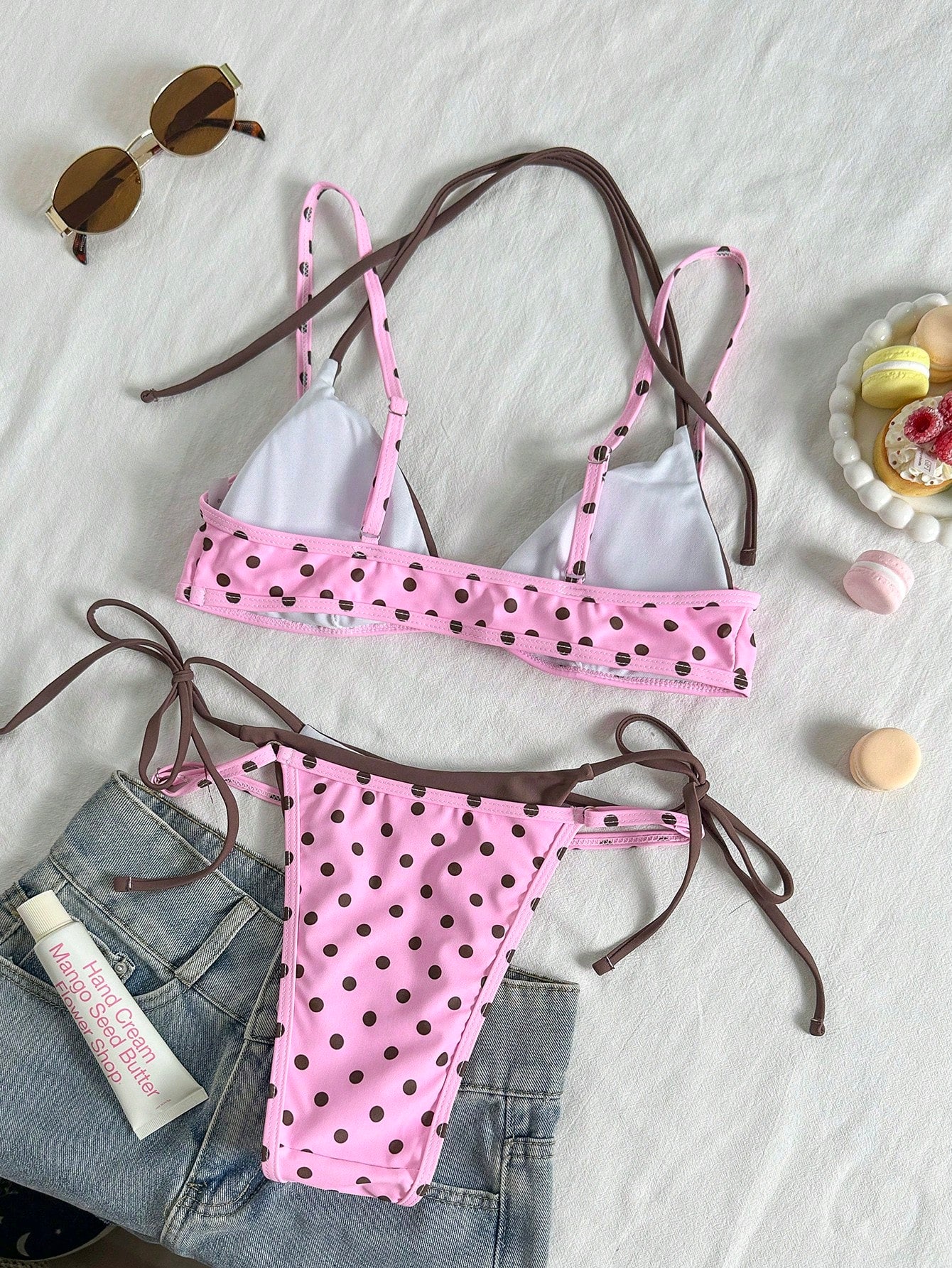 Women's Vintage Pink & Brown Polka Dot Bikini Swimwear, Casual Fashion Set Beach Vacation Summer