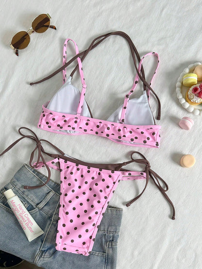 Women's Vintage Pink & Brown Polka Dot Bikini Swimwear, Casual Fashion Set Beach Vacation Summer