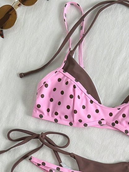 Women's Vintage Pink & Brown Polka Dot Bikini Swimwear, Casual Fashion Set Beach Vacation Summer