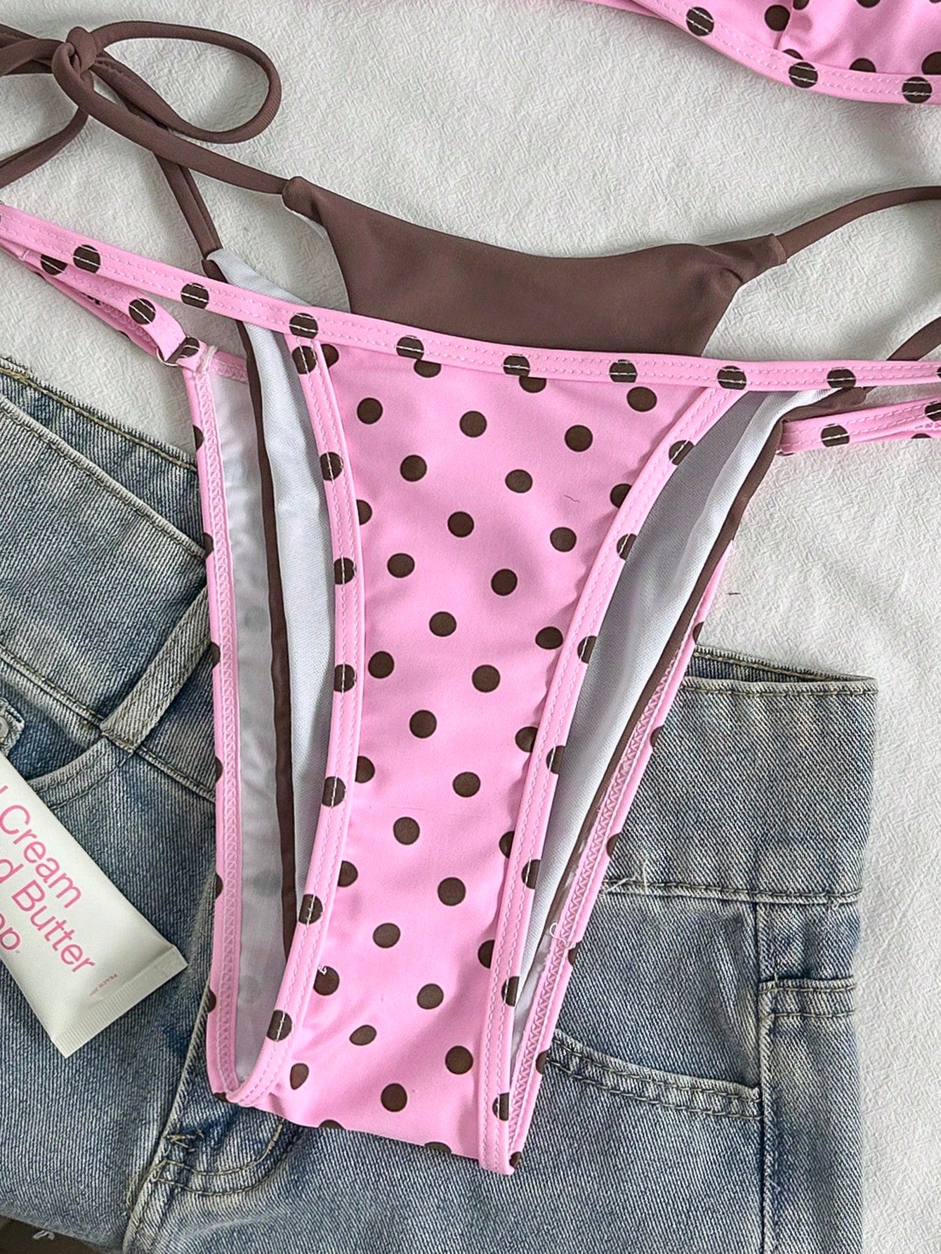 Women's Vintage Pink & Brown Polka Dot Bikini Swimwear, Casual Fashion Set Beach Vacation Summer