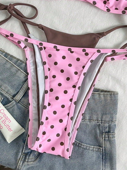 Women's Vintage Pink & Brown Polka Dot Bikini Swimwear, Casual Fashion Set Beach Vacation Summer