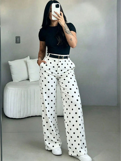 Women's White Polka Dot High Waist Slim Fit Wide Leg Pants, Bohemian Street Style, Suitable For Spring/Summer Daily Wear, Work Commute, Vacation, Fashionable And Elegant (Belt Not Included), Boho Chic