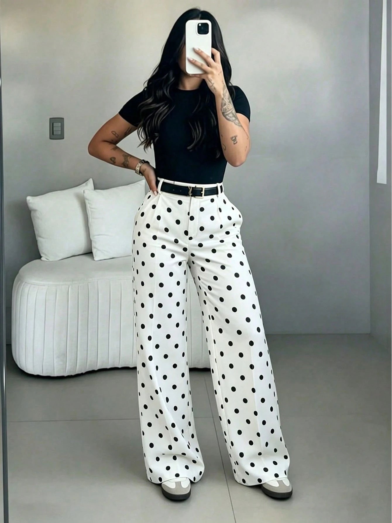 Women's White Polka Dot High Waist Slim Fit Wide Leg Pants, Bohemian Street Style, Suitable For Spring/Summer Daily Wear, Work Commute, Vacation, Fashionable And Elegant (Belt Not Included), Boho Chic