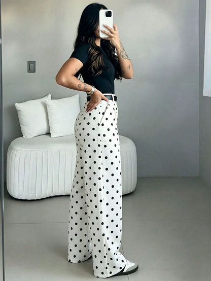 Women's White Polka Dot High Waist Slim Fit Wide Leg Pants, Bohemian Street Style, Suitable For Spring/Summer Daily Wear, Work Commute, Vacation, Fashionable And Elegant (Belt Not Included), Boho Chic