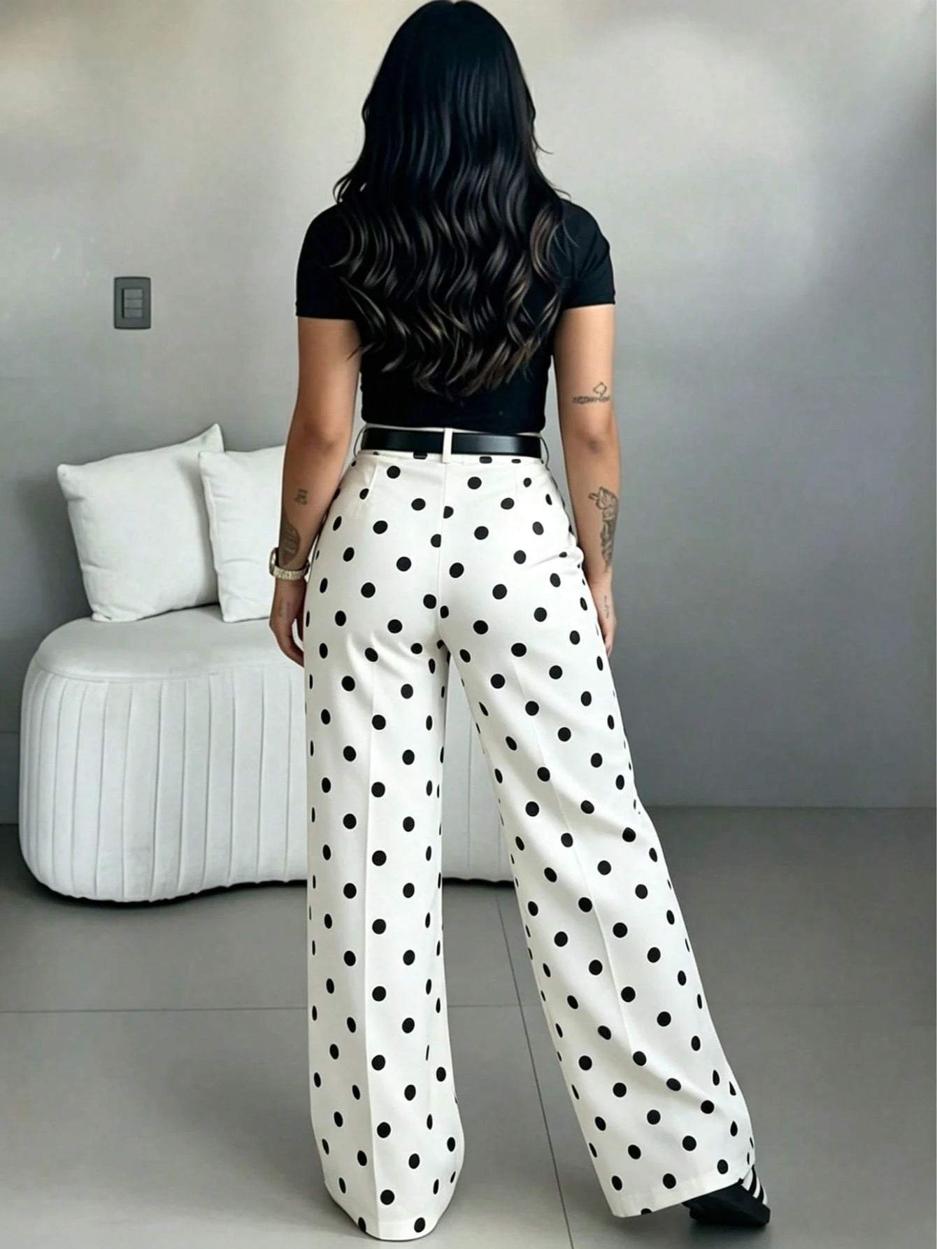 Women's White Polka Dot High Waist Slim Fit Wide Leg Pants, Bohemian Street Style, Suitable For Spring/Summer Daily Wear, Work Commute, Vacation, Fashionable And Elegant (Belt Not Included), Boho Chic