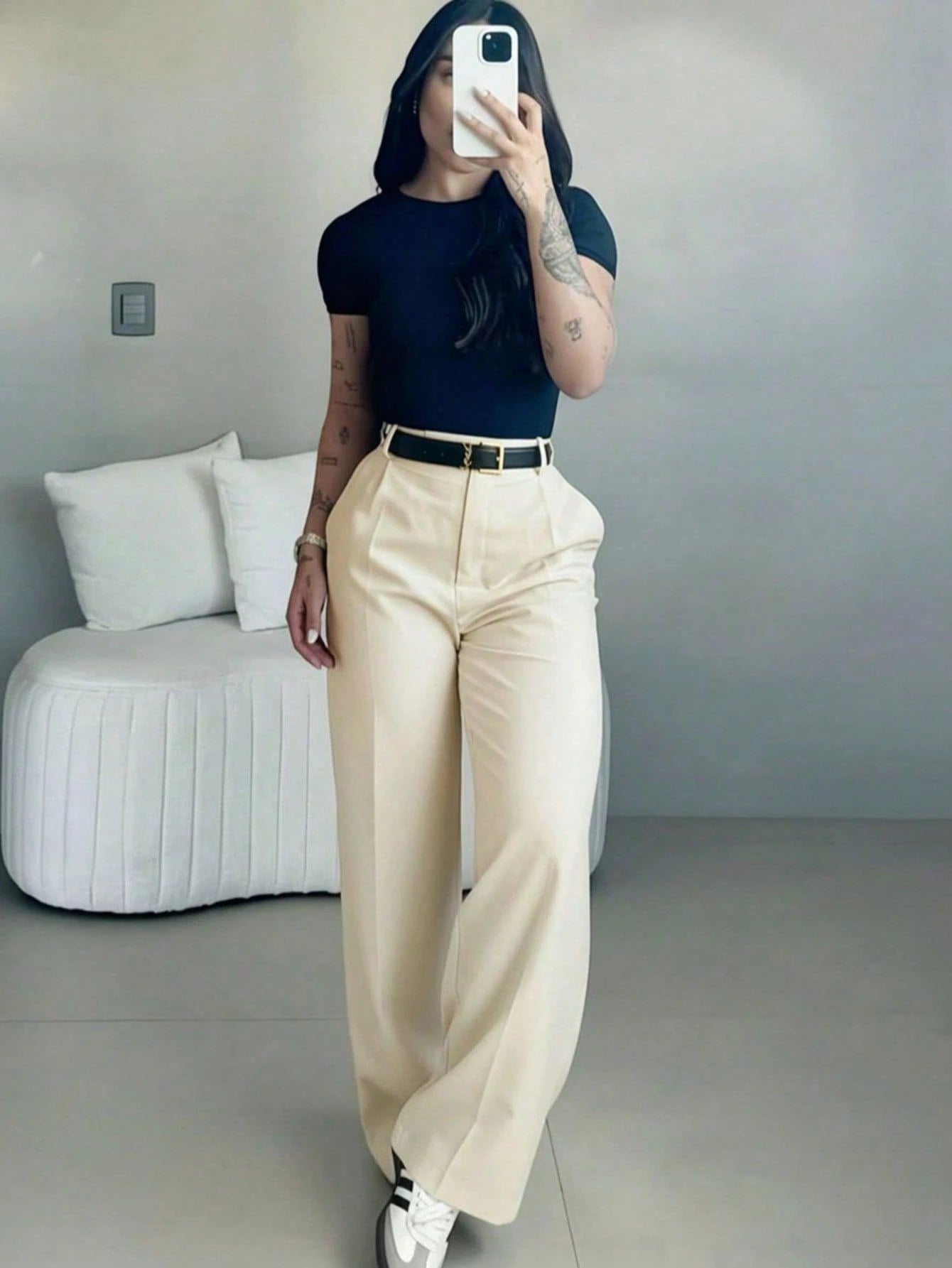 Women's White Polka Dot High Waist Slim Fit Wide Leg Pants, Bohemian Street Style, Suitable For Spring/Summer Daily Wear, Work Commute, Vacation, Fashionable And Elegant (Belt Not Included), Boho Chic