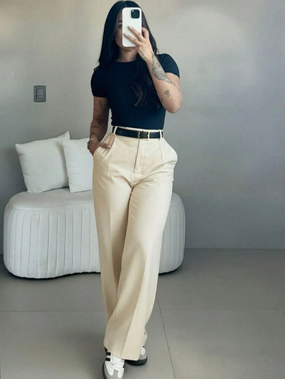 Women's White Polka Dot High Waist Slim Fit Wide Leg Pants, Bohemian Street Style, Suitable For Spring/Summer Daily Wear, Work Commute, Vacation, Fashionable And Elegant (Belt Not Included), Boho Chic