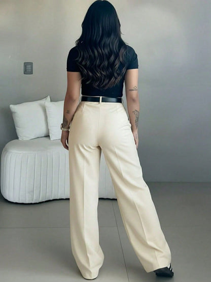 Women's White Polka Dot High Waist Slim Fit Wide Leg Pants, Bohemian Street Style, Suitable For Spring/Summer Daily Wear, Work Commute, Vacation, Fashionable And Elegant (Belt Not Included), Boho Chic