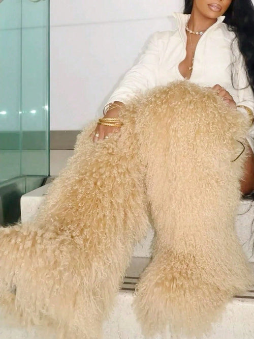 Women's Winter Knee High Boots Pull-On Faux Fur Round Toe Strap Boots For Women Comfy Plush Warm Outdoor Indoor Flat Shoes Punk Party Dressy Furry Fluffy Winter Autumn Fall Boots